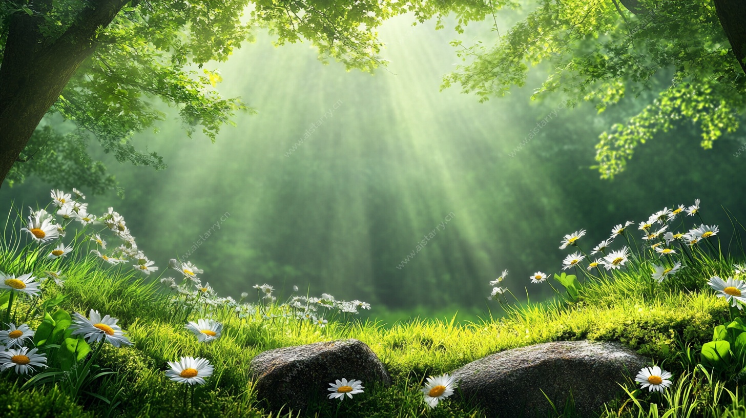 阳光洒落的梦幻森林草地