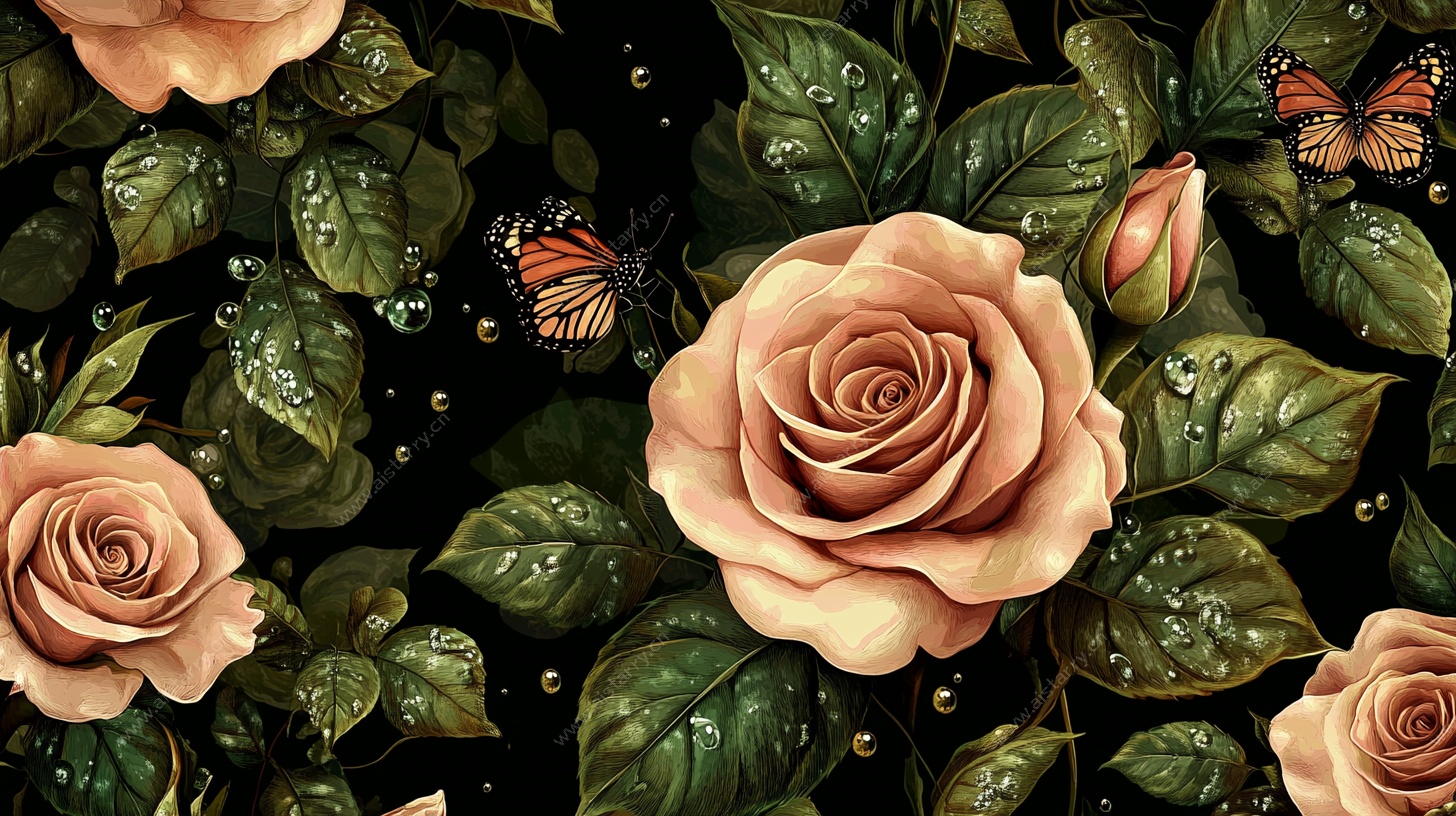 复古玫瑰绿叶蝴蝶图案