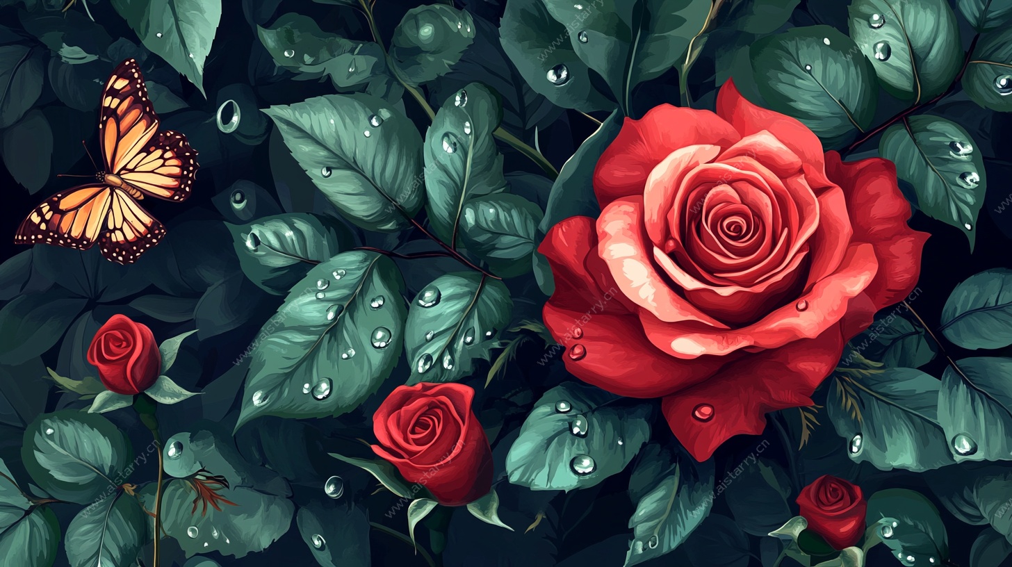 红玫瑰与蝴蝶的梦幻景致