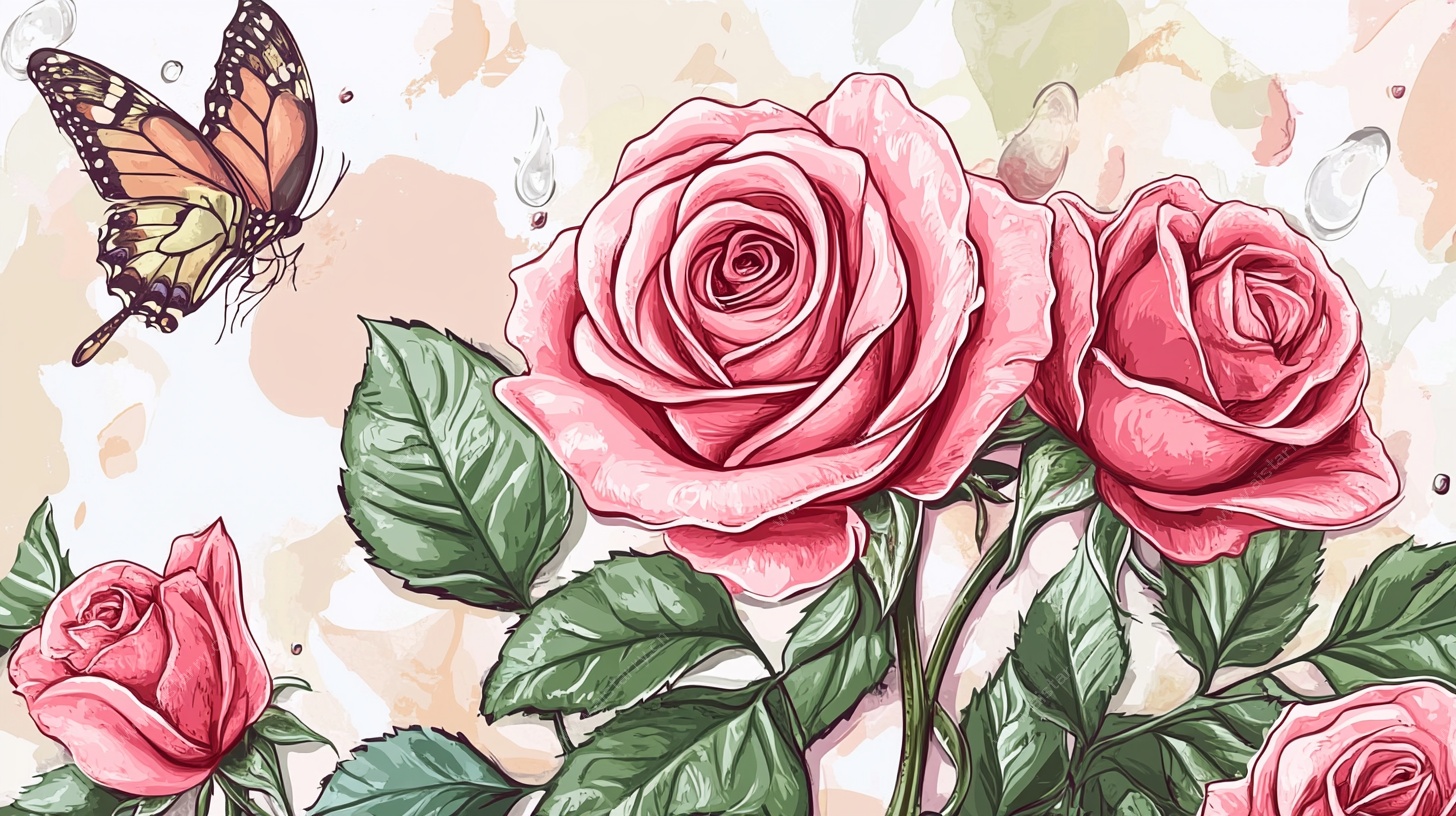 手绘玫瑰与蝴蝶插画