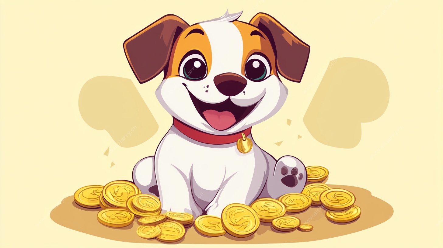 快乐小狗坐在金币堆中