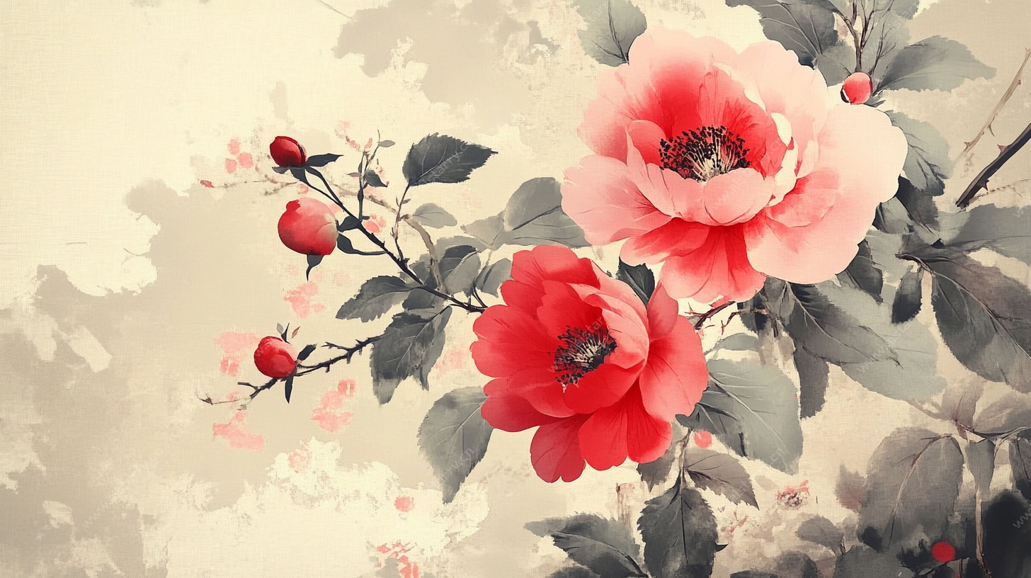 水墨风娇艳盛开的花卉图