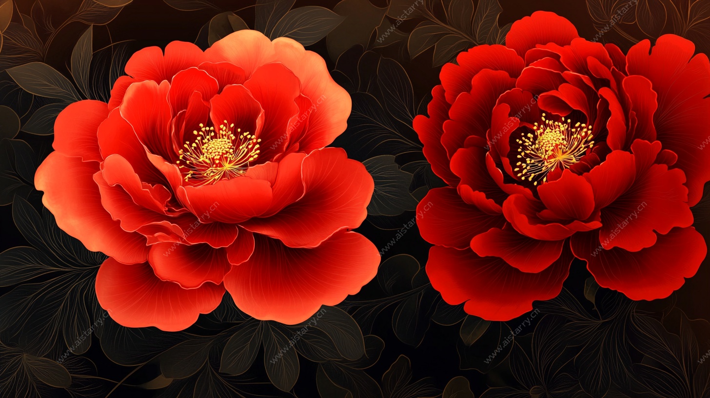 两朵艳丽红牡丹插画