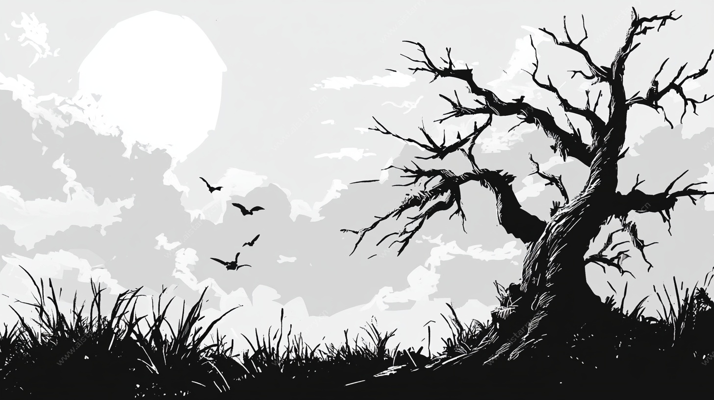 月夜枯树飞鸟剪影风景