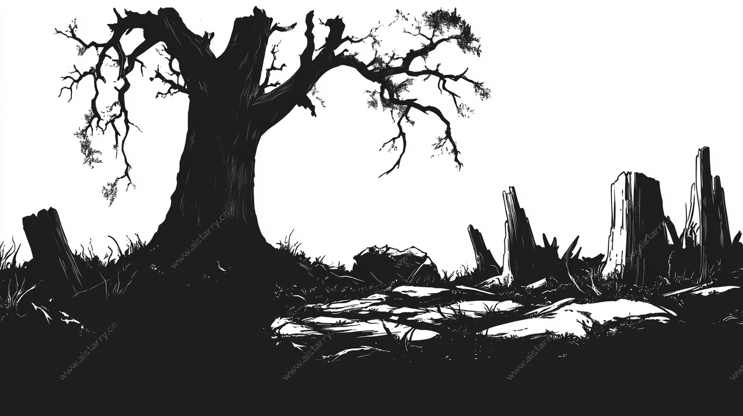 枯树残桩的黑白景象