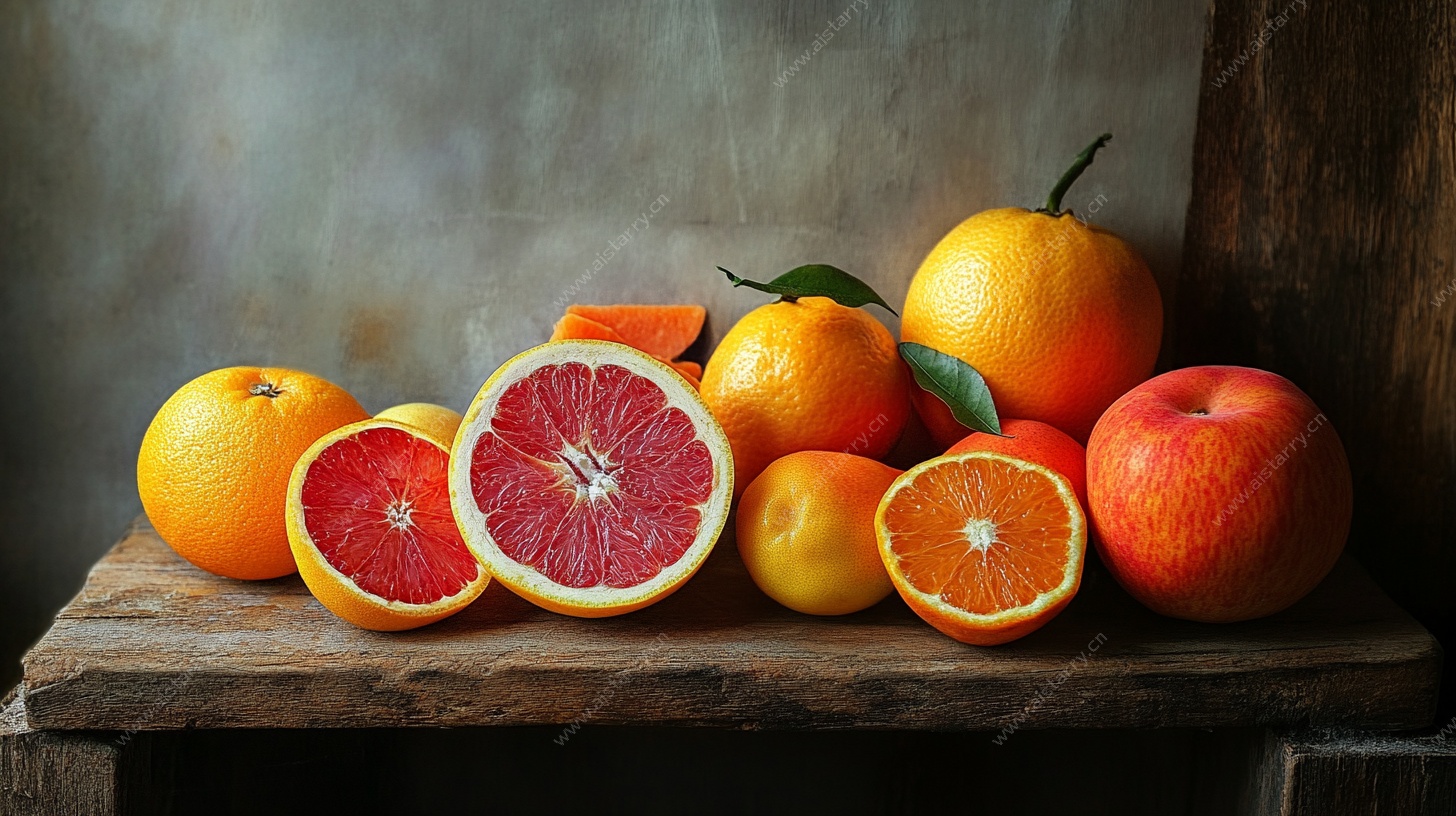 木桌上的多彩新鲜水果