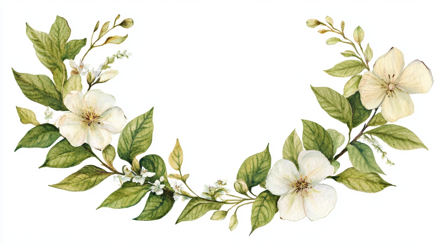 白色花卉绿叶水彩花环