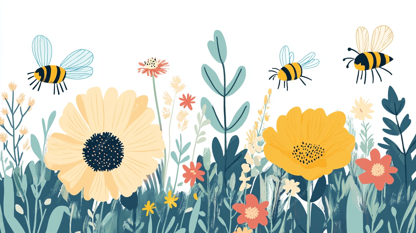 花丛中的蜜蜂插画
