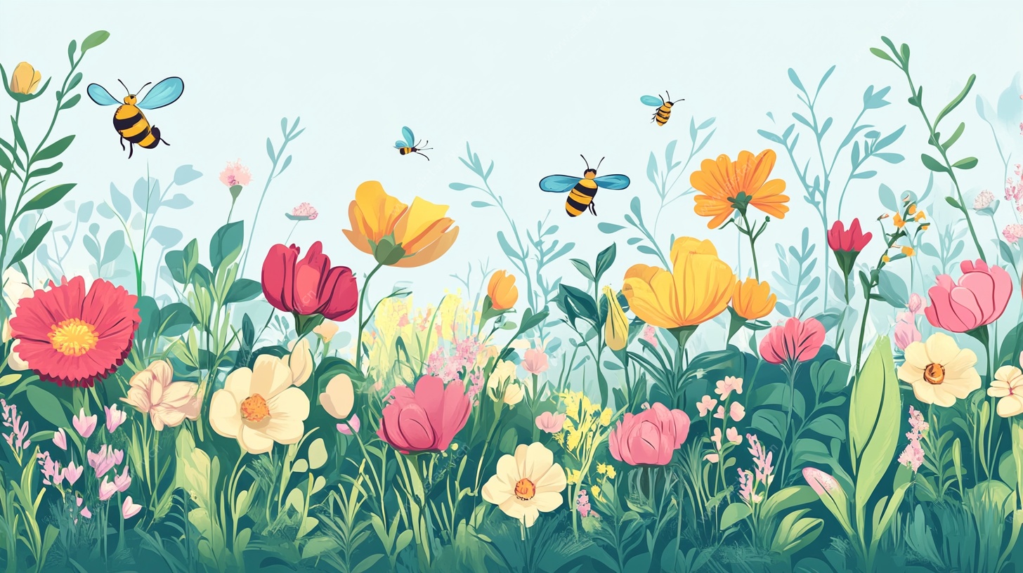 春日花卉与蜜蜂插画