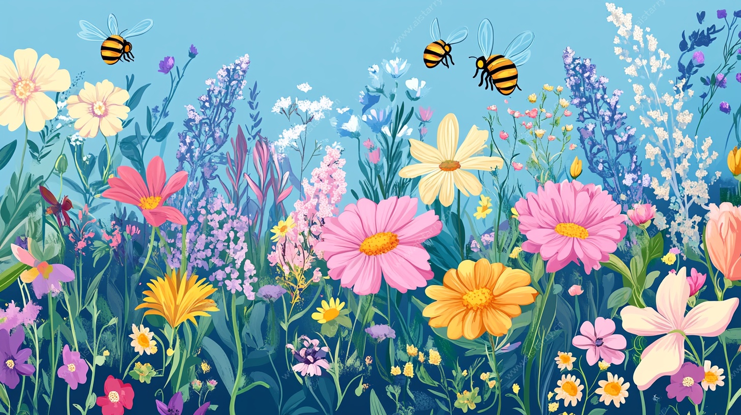 春日繁花蜜蜂飞舞插画