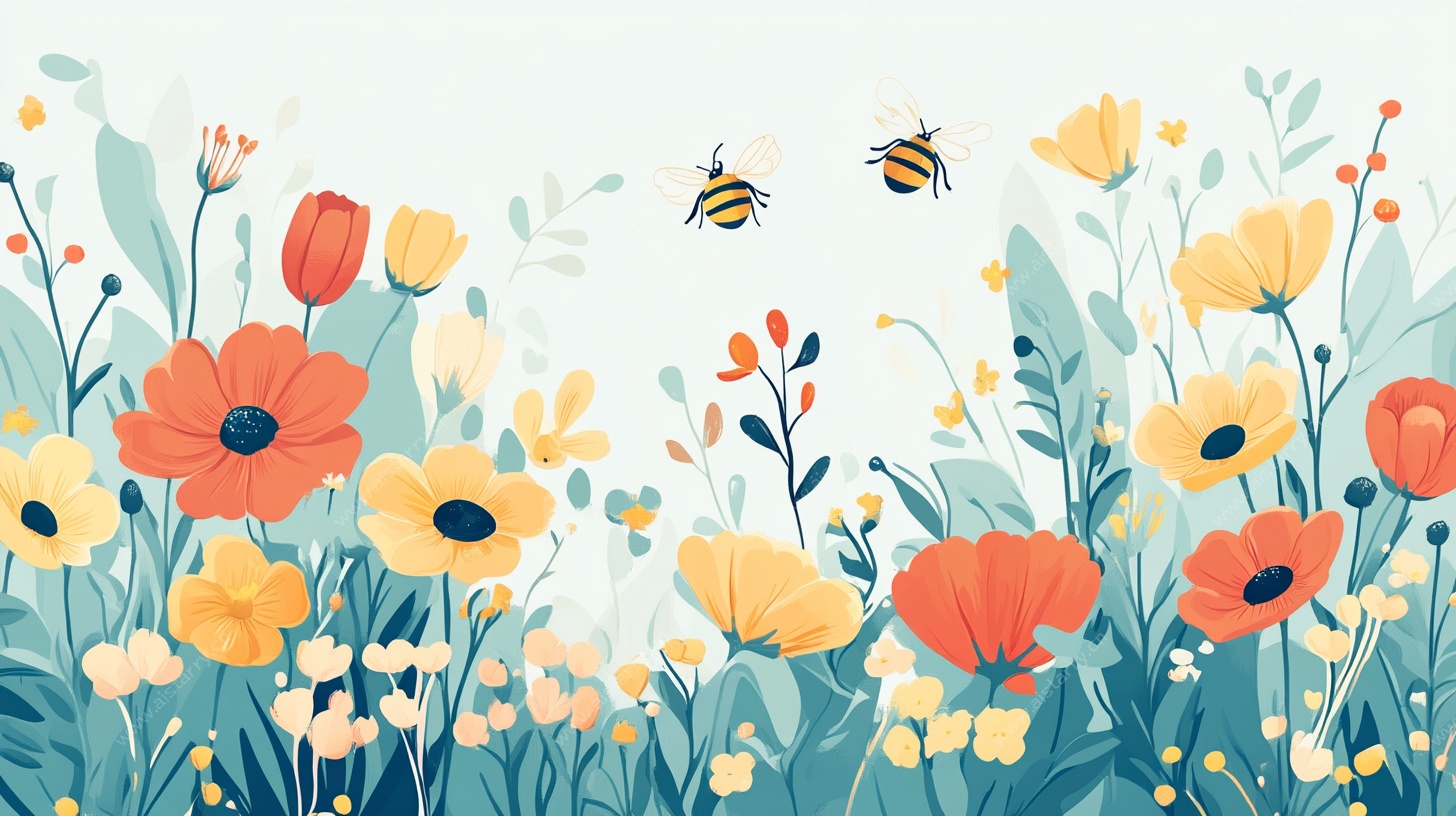 春日花卉与蜜蜂插画