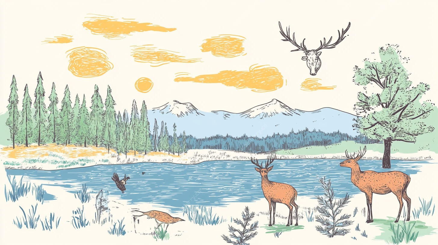 森林湖畔的鹿群风景