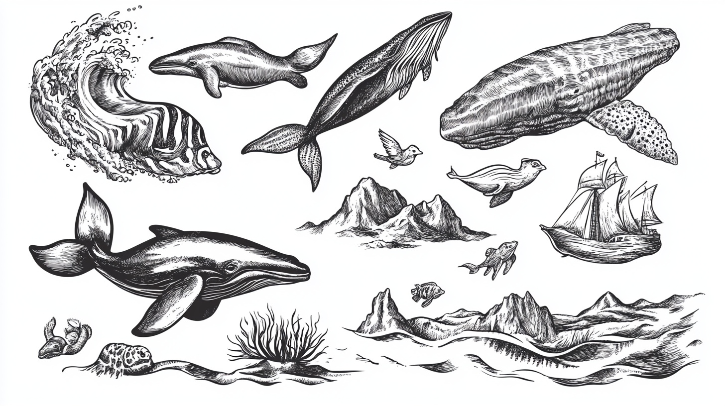 海洋生物与风景手绘集合