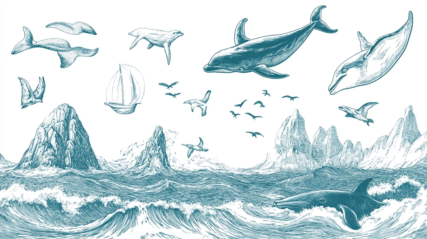 海洋生物与山川海浪图景