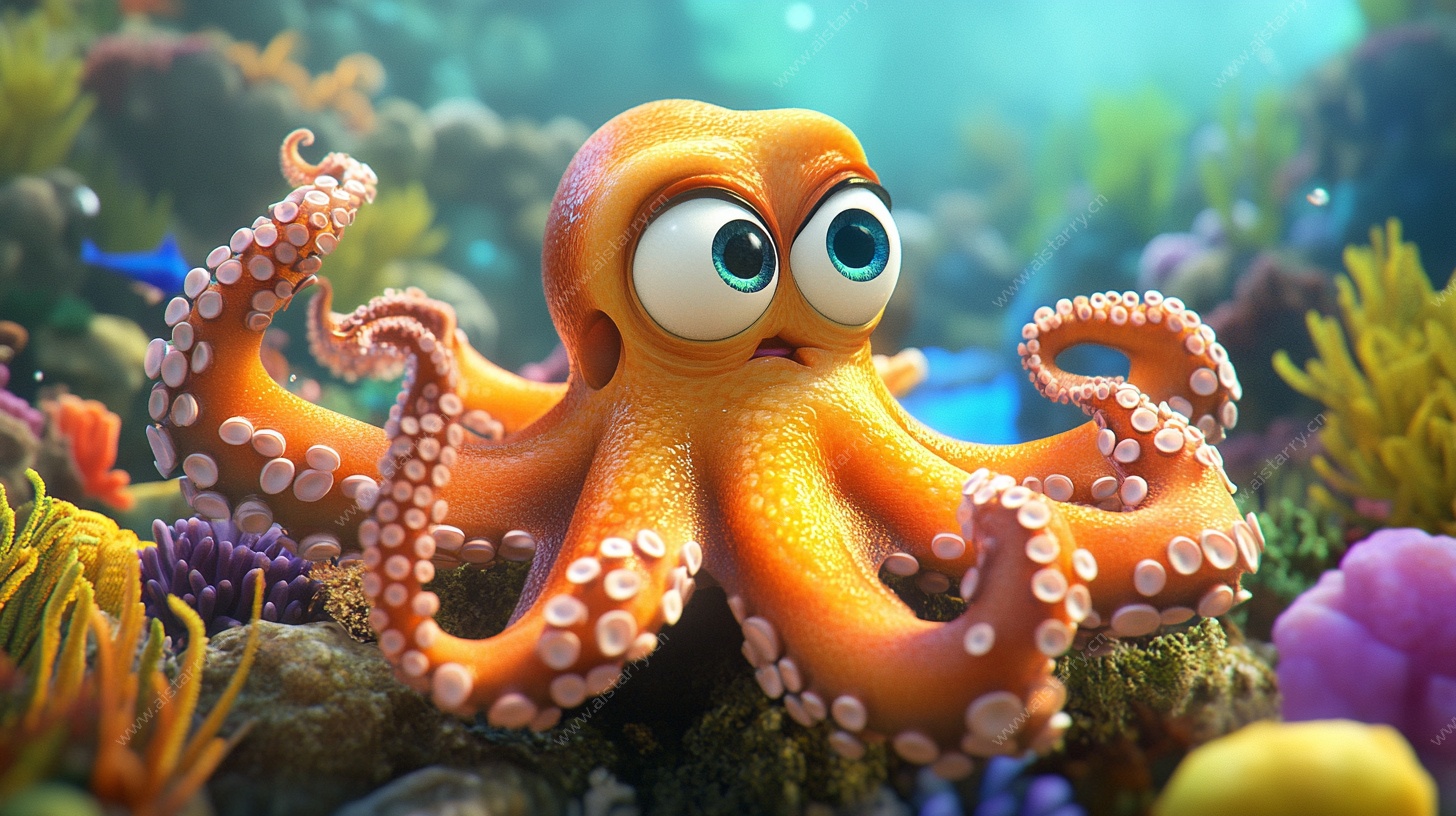 可爱的卡通章鱼在海底世界