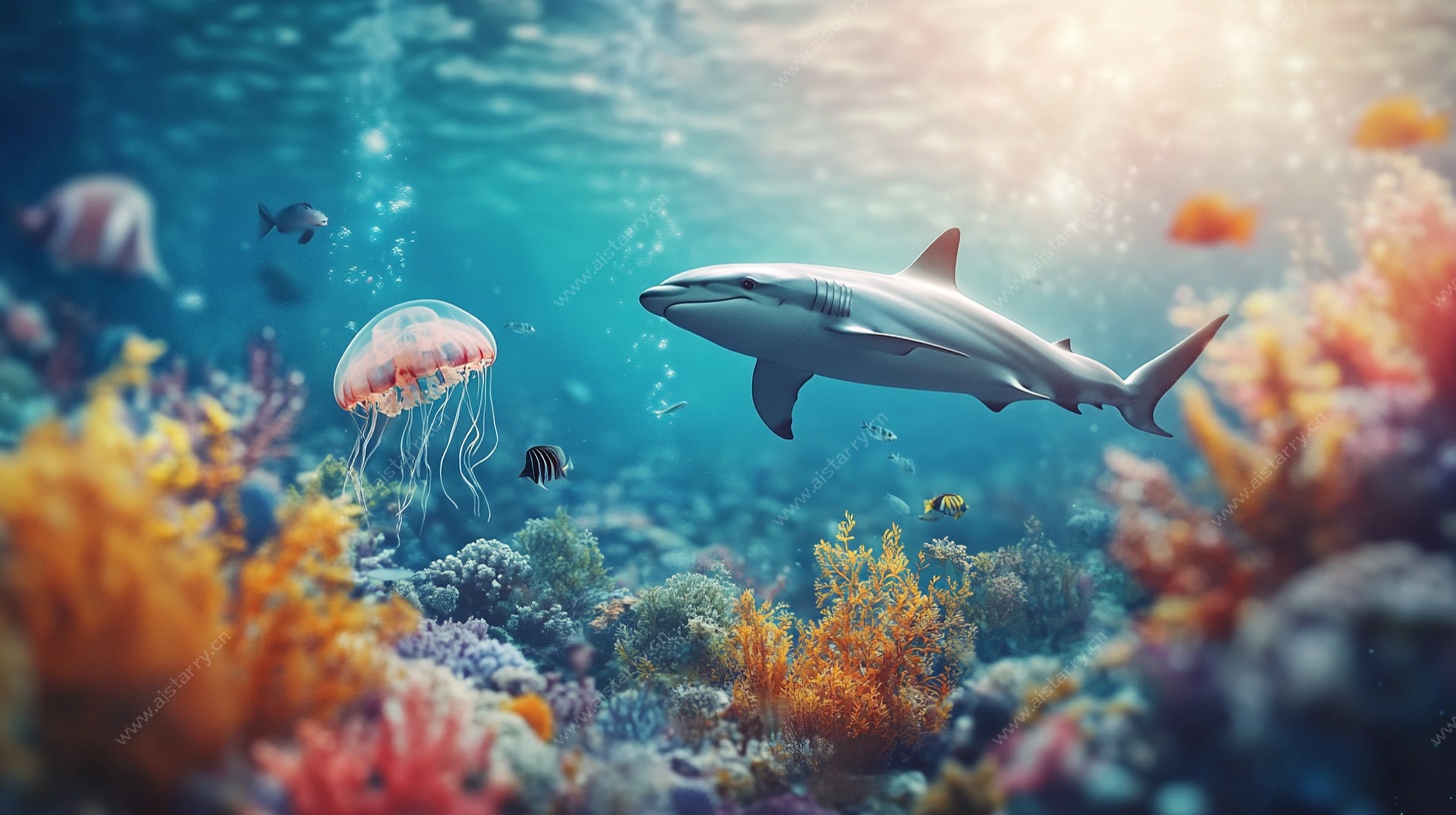 梦幻海底世界的鲨鱼与水母