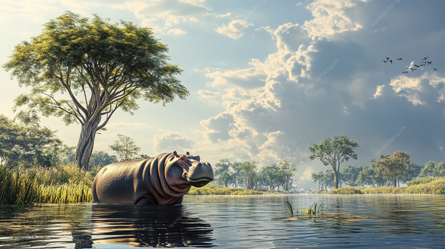 河马栖息于非洲水域景观