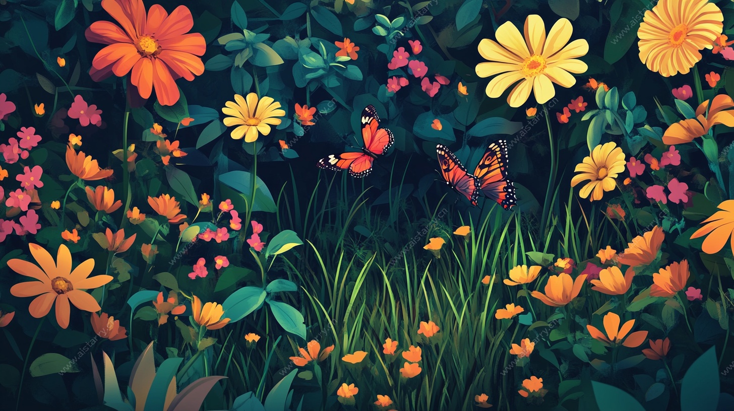 梦幻花卉间的蝴蝶飞舞