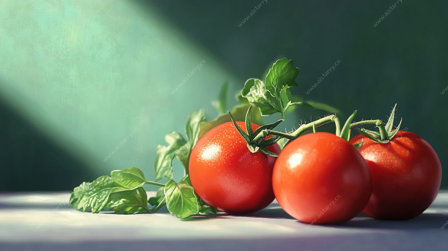 新鲜番茄配绿叶静物图