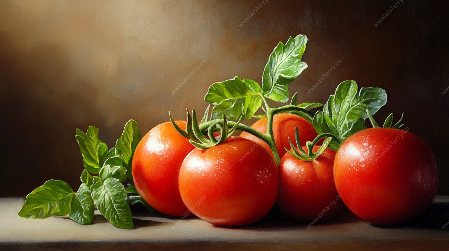 新鲜红番茄配翠绿叶片