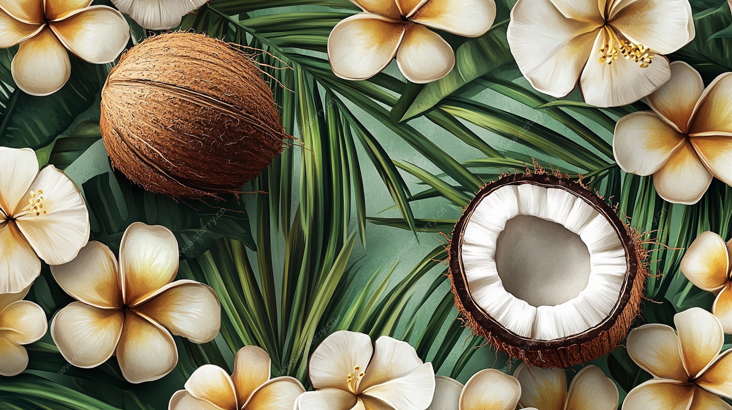 热带花卉与椰子的清新图景