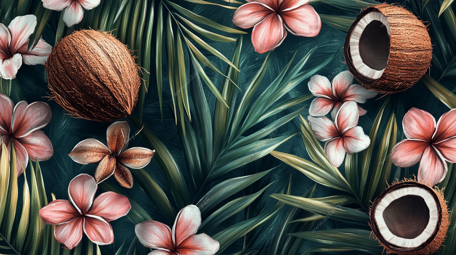 热带花卉与椰子背景图