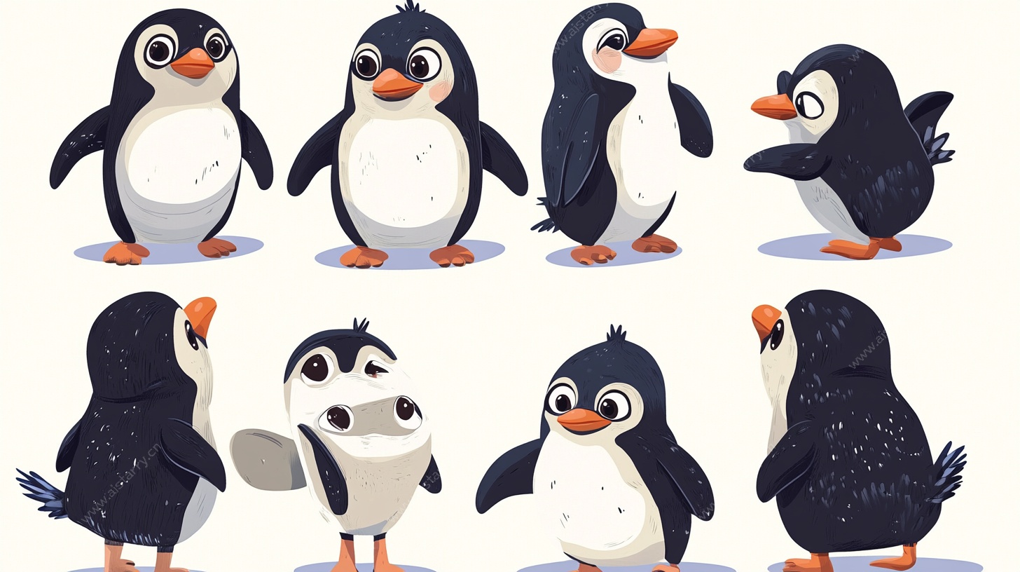 可爱企鹅的多样姿态展示