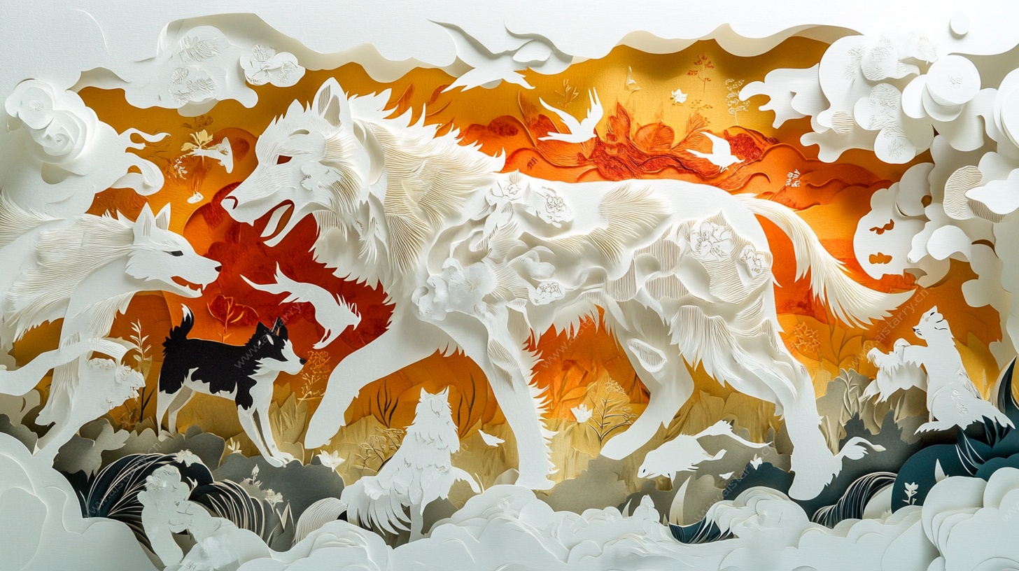 立体纸雕白狼图