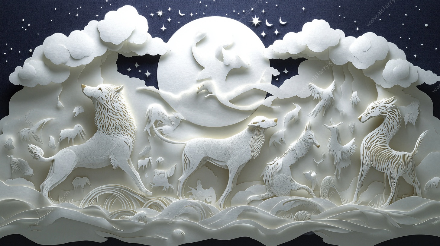 月夜动物奇幻纸雕场景