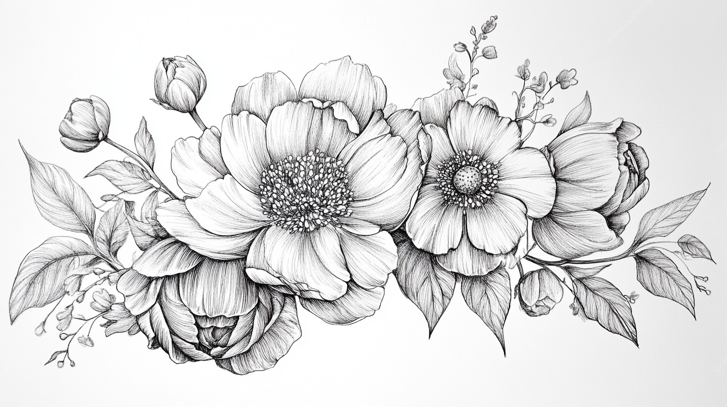 黑白花卉线描插画