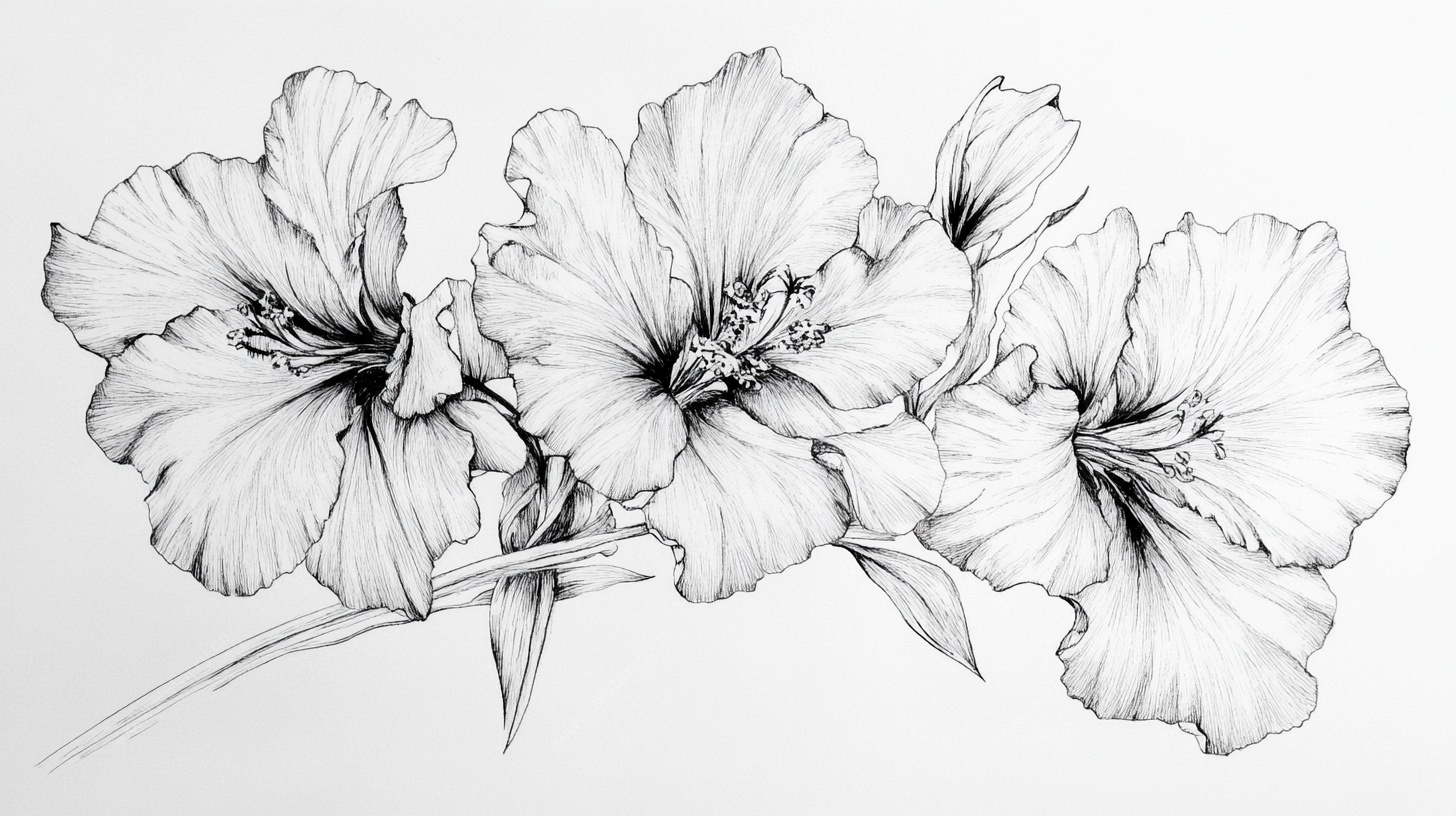 黑白扶桑花手绘插画