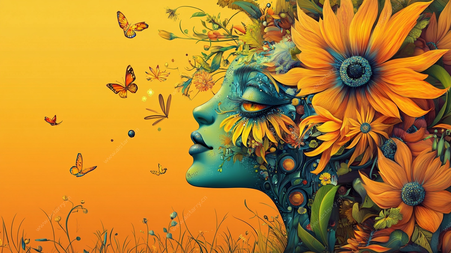 花卉装饰的梦幻女性侧脸