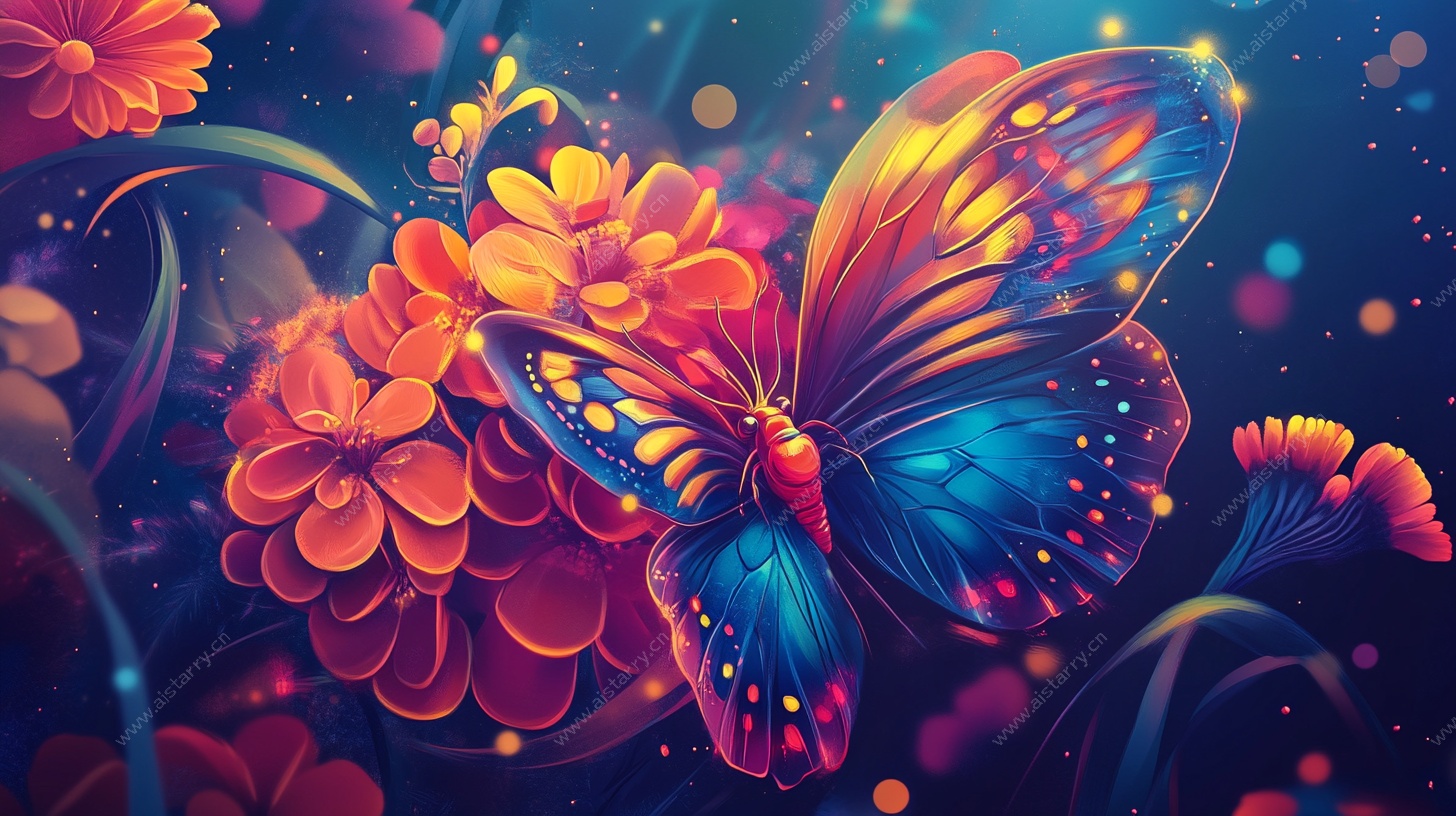 梦幻蝴蝶与绚烂花朵插画