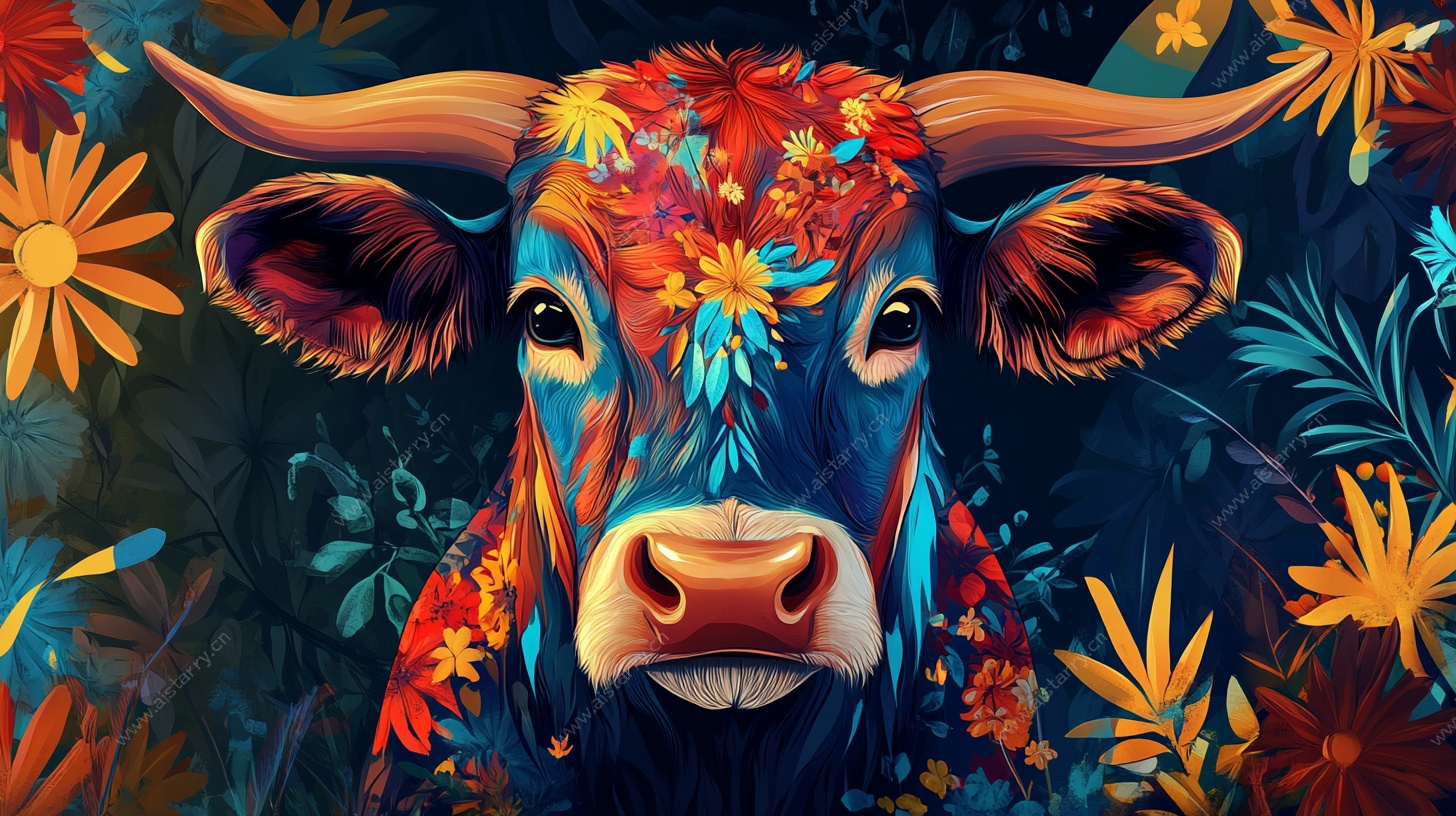 花卉装饰的多彩牛头像