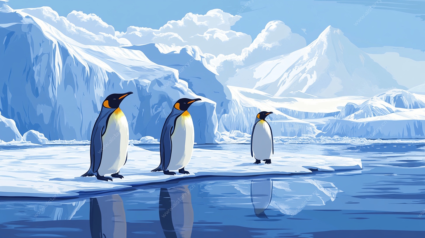 三只企鹅站在冰原上