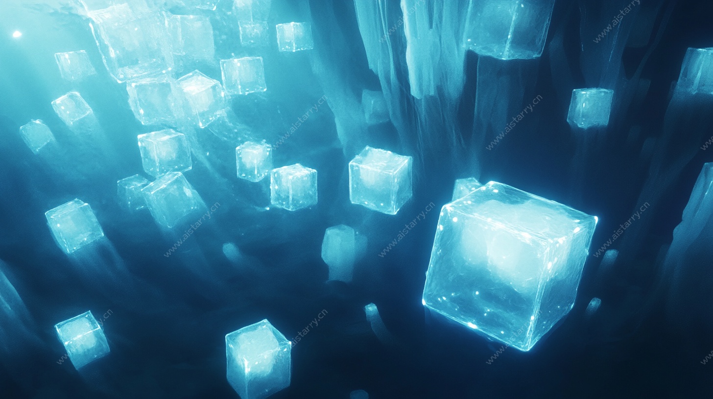 蓝色透明立方体漂浮画面