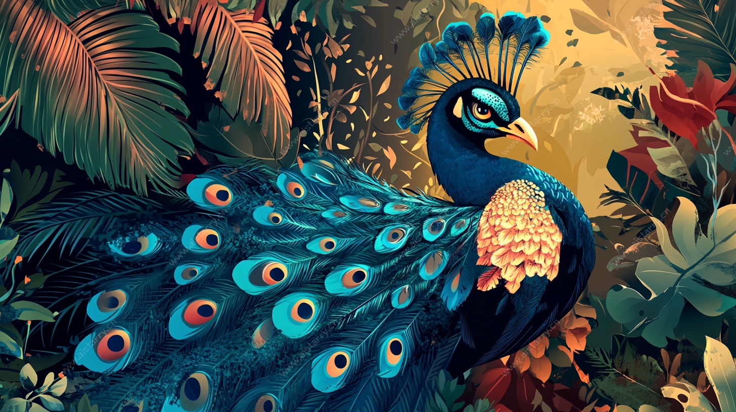 孔雀栖于繁茂植物间