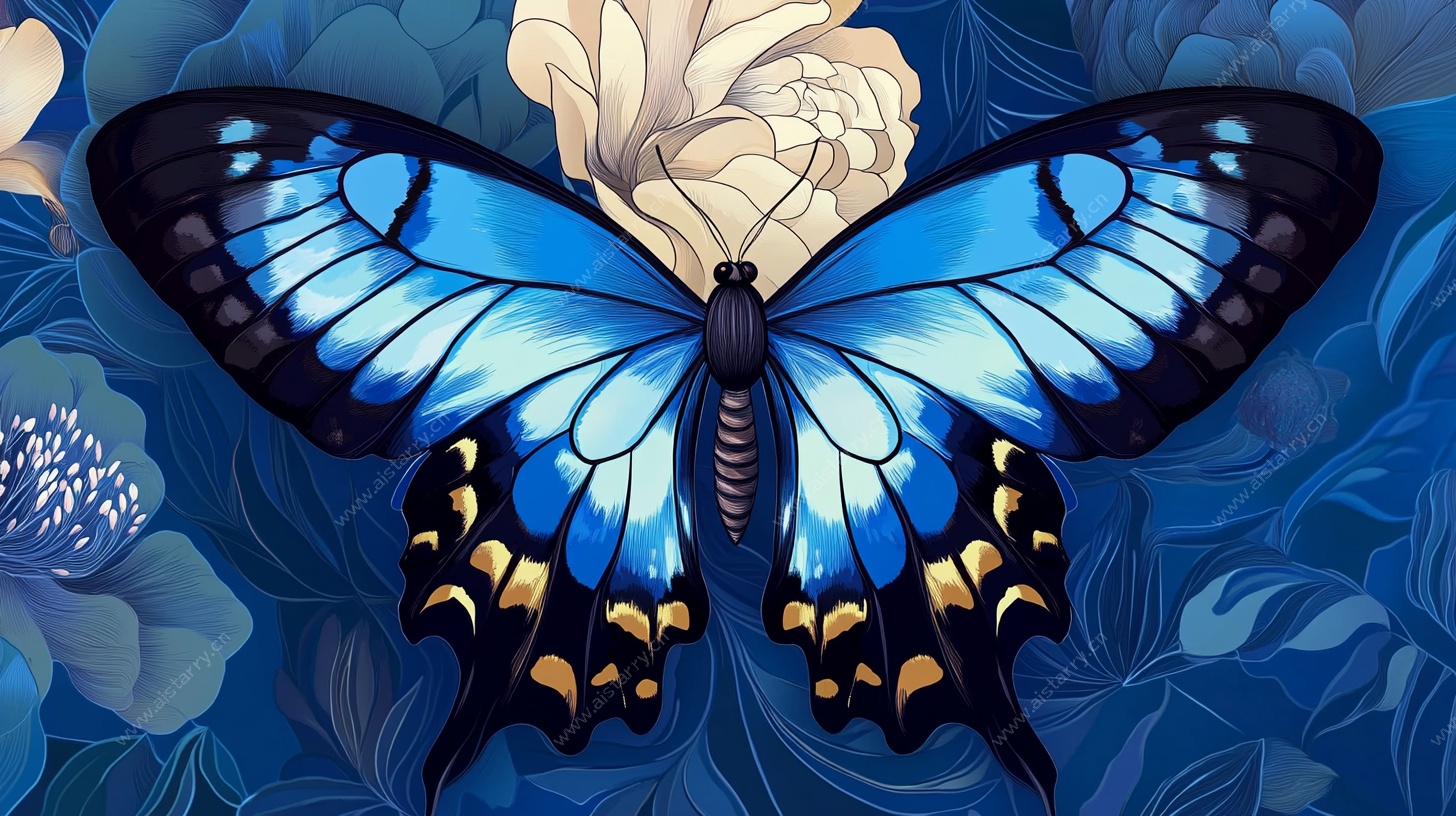 蓝蝶伴花唯美插画