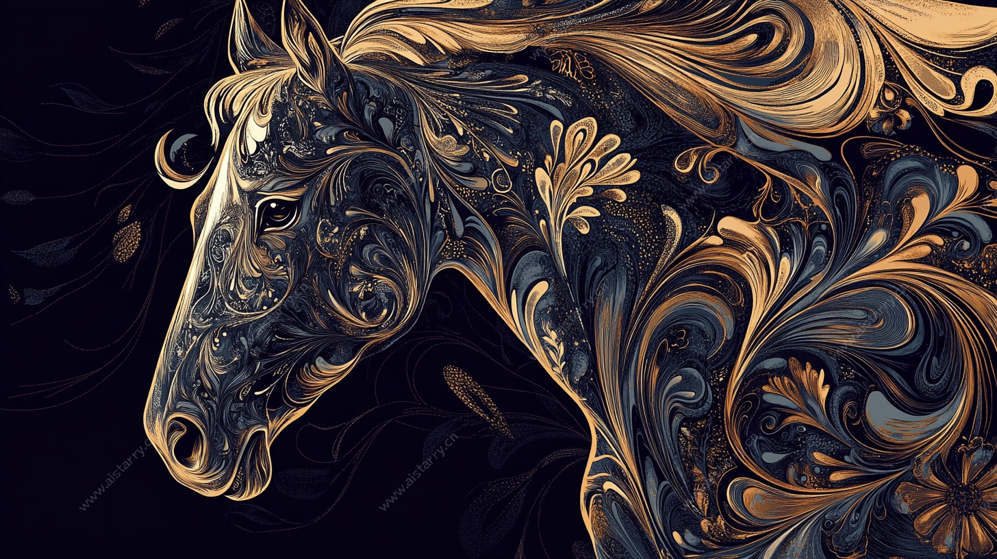 华丽花纹马头艺术插画