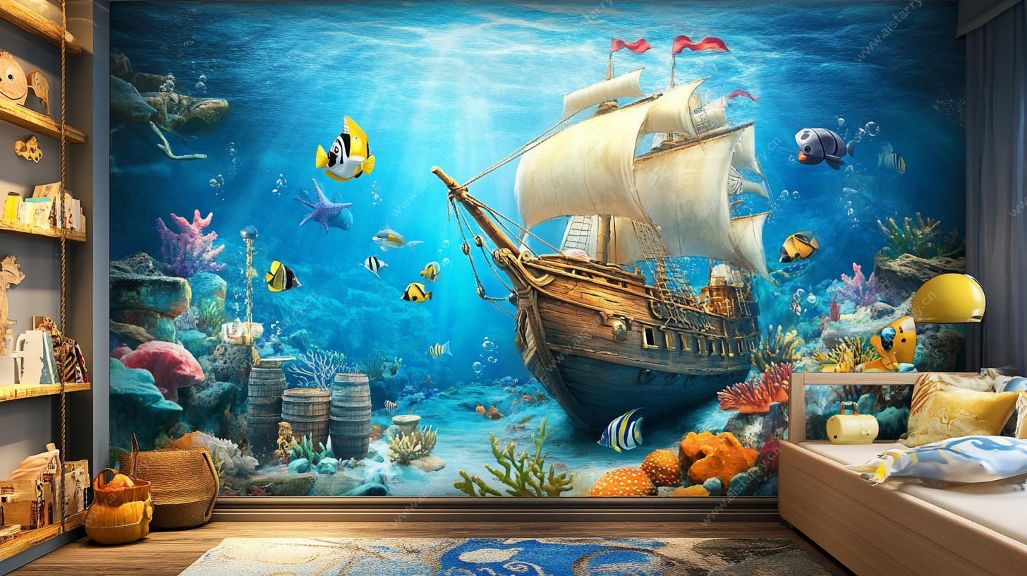 海底海盗船儿童房壁画