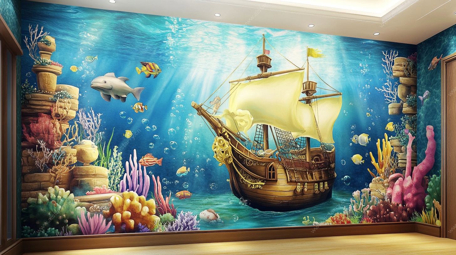 海底帆船壁画 梦幻海洋风