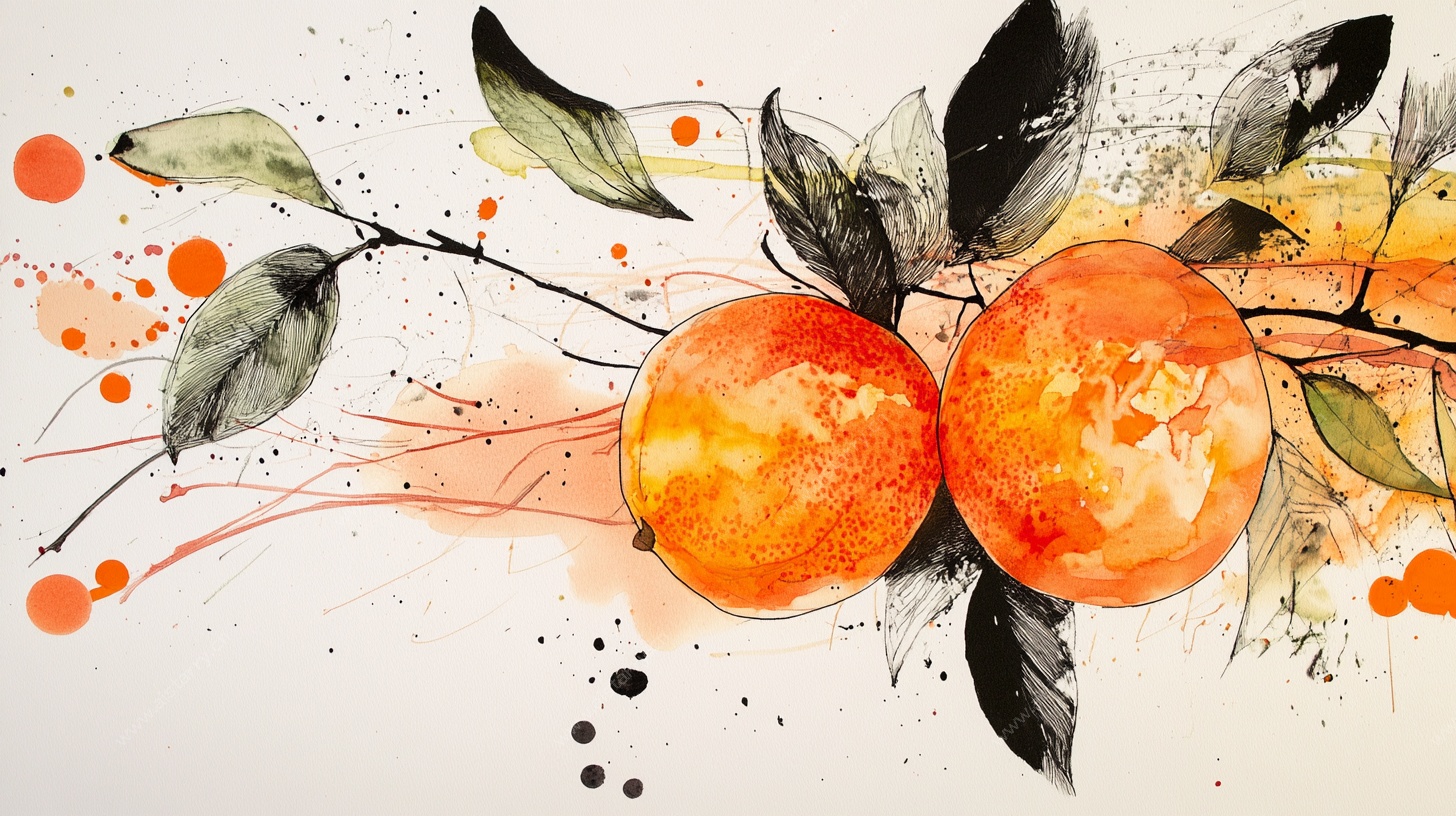 水彩风双橙枝叶插画