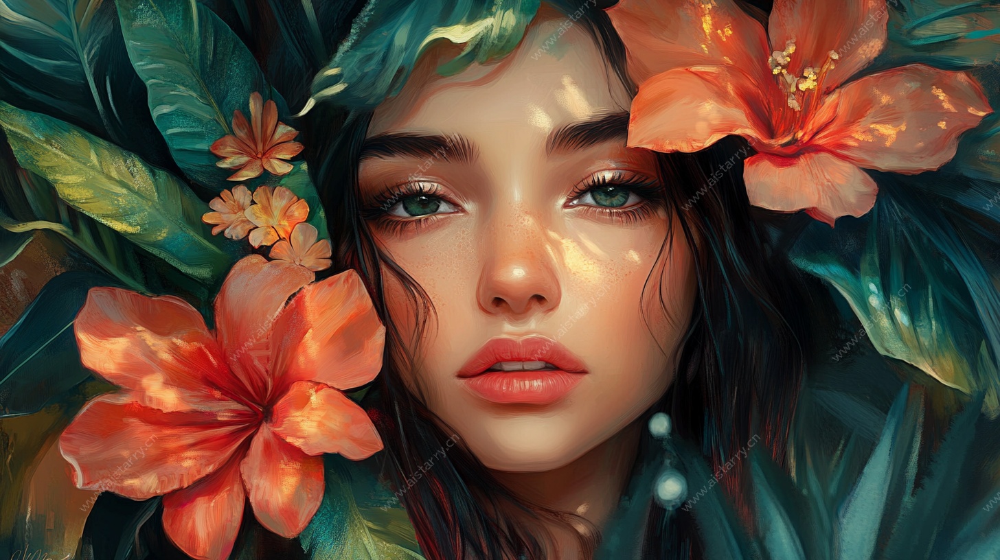 梦幻花卉环绕的美丽少女