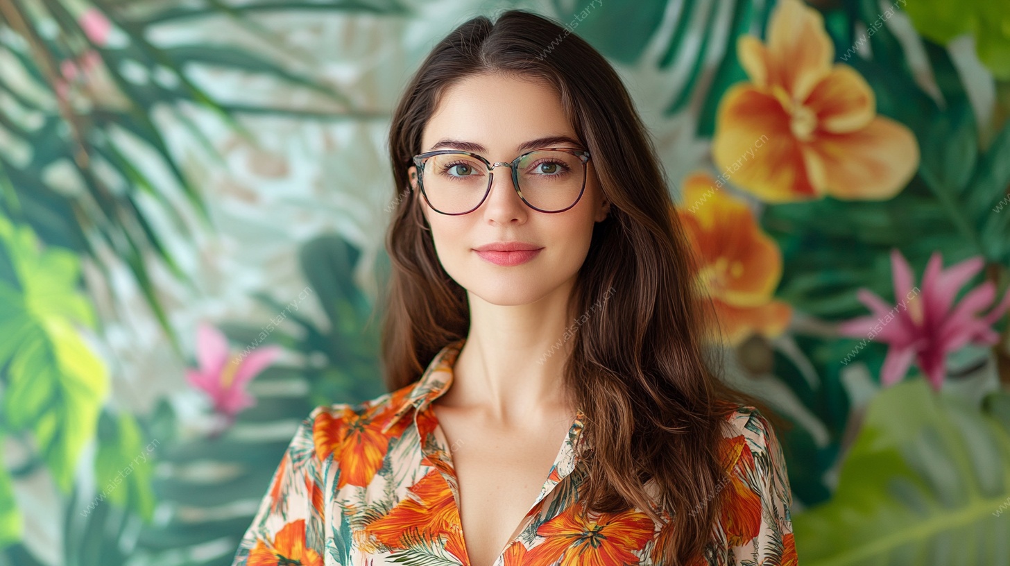 戴眼镜的花衬衫女士肖像