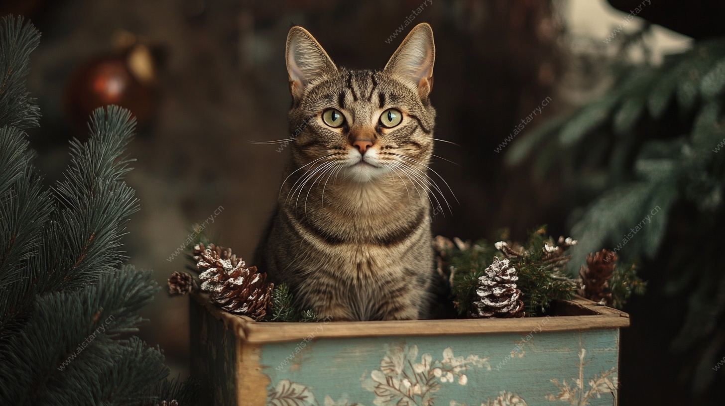 圣诞氛围中的可爱条纹猫