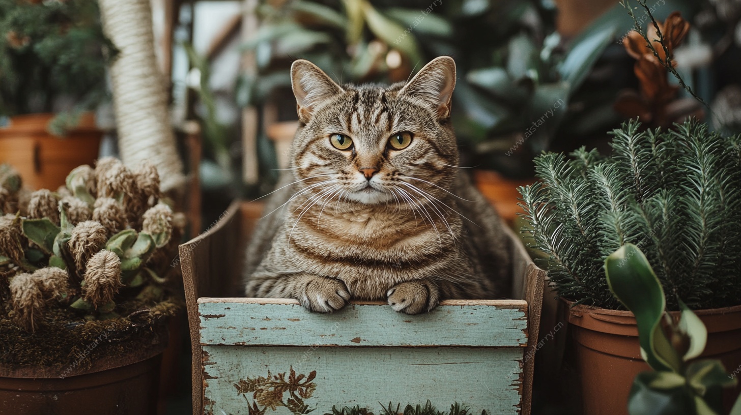 猫咪栖于绿植环绕的木箱中
