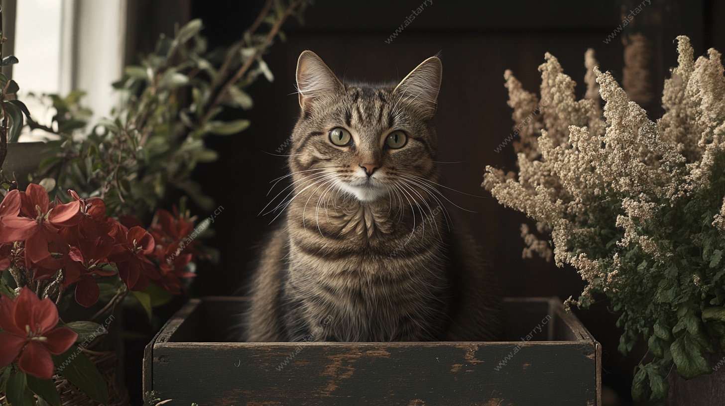 猫咪静卧于花卉绿植间