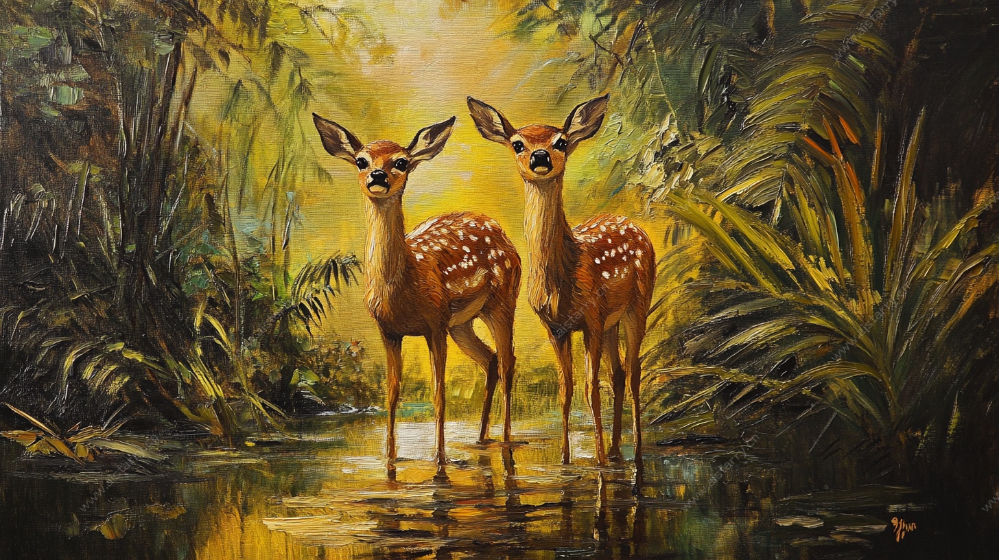 森林中的双鹿油画场景