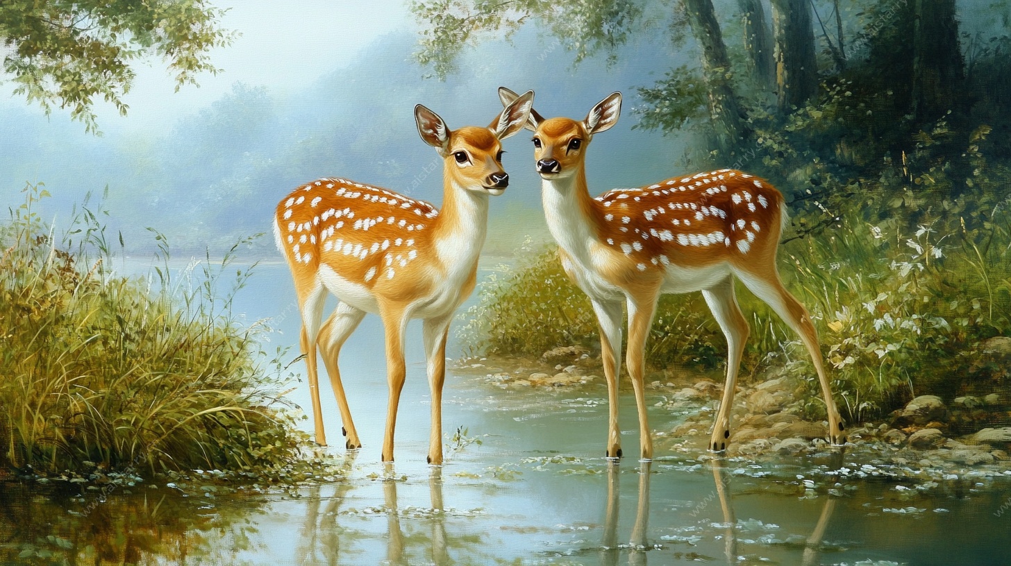 溪边双鹿的梦幻自然景象