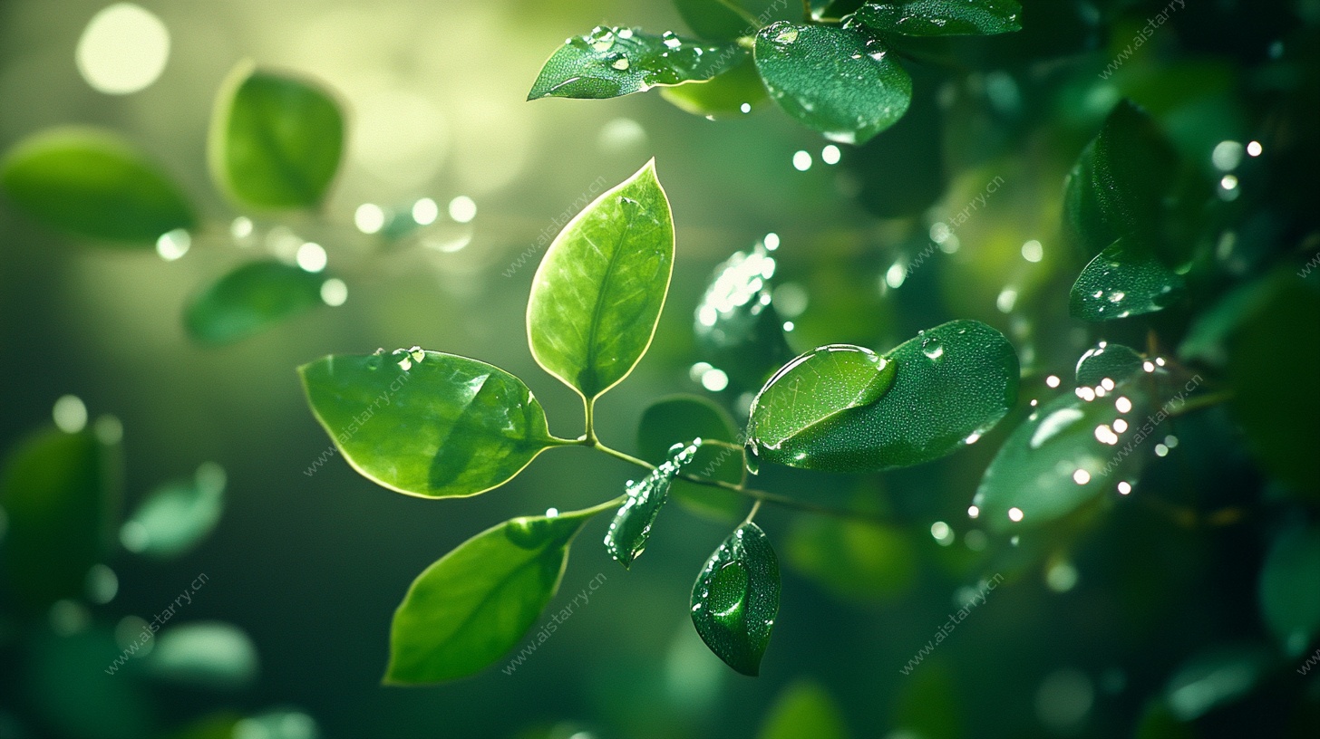 带露珠的嫩绿叶片特写